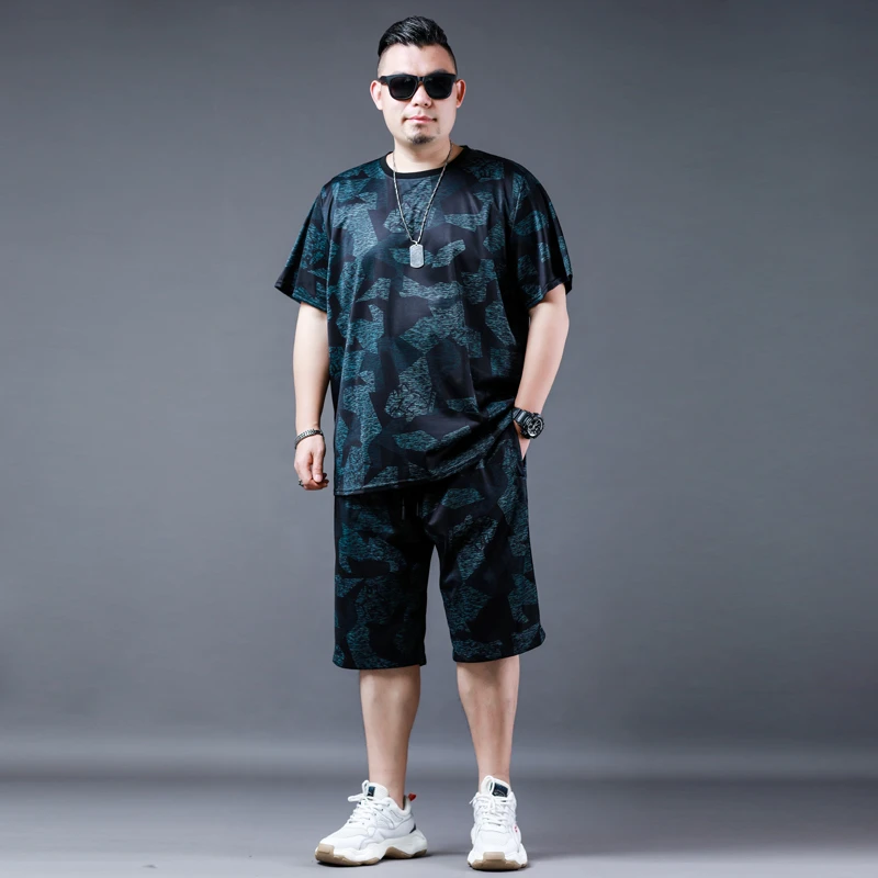 夏季大码男士短袖套装胖子薄款弹力半袖运动五分裤海边度假一整套