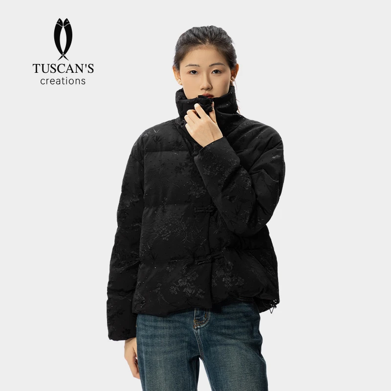 TUSCAN'S CREATIONS新款气质百搭国风刺绣高领保暖女士短款羽绒服