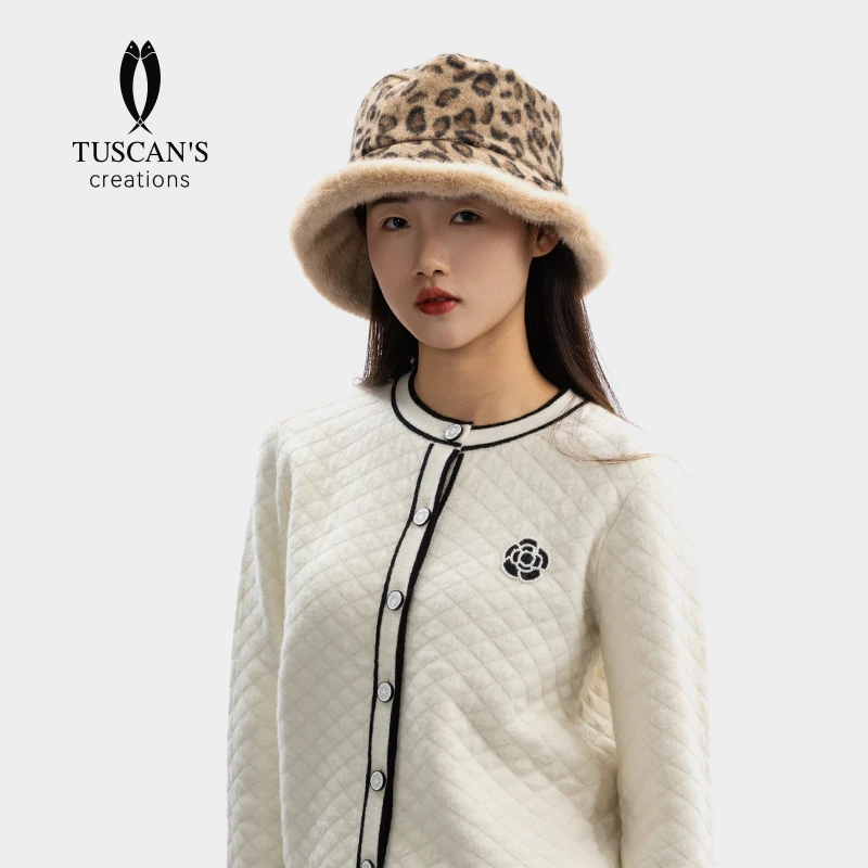 TUSCAN'S CREATIONS冬季经典时尚百搭保暖毛绒豹纹女士圆帽