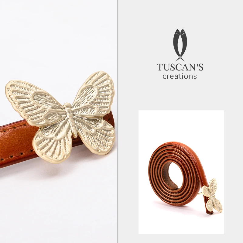 TUSCAN'S CREATIONS真皮蝴蝶细腰带配连衣裙裤子女士皮带时代双鱼