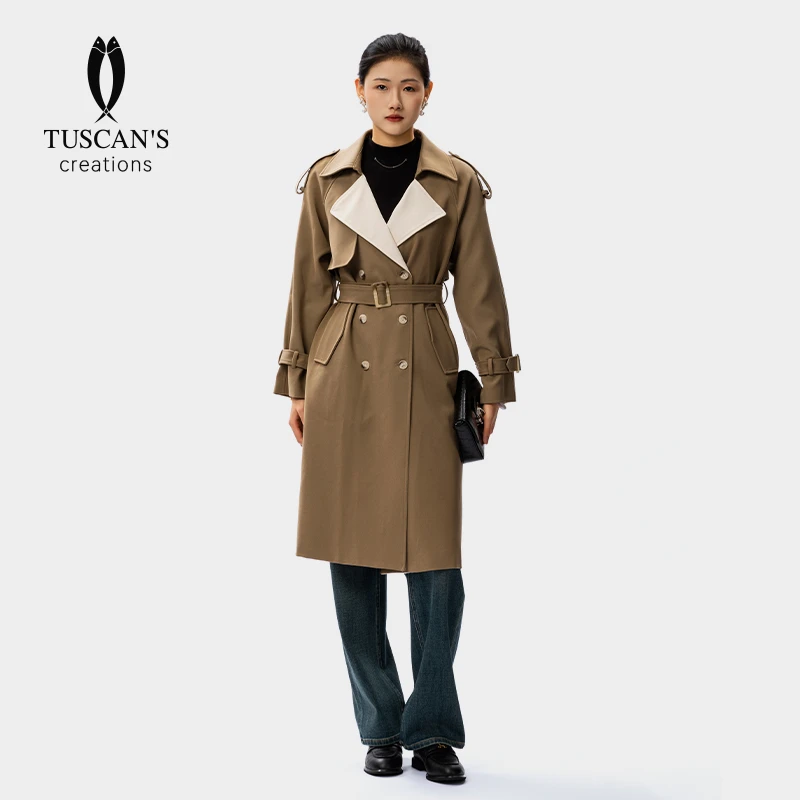 TUSCAN'S CREATIONS时尚气质显瘦休闲过膝英伦风卡其色中长款风衣