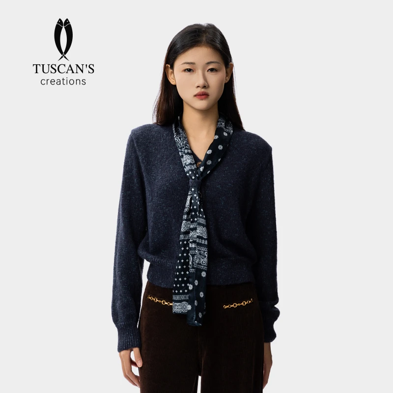 TUSCAN'S CREATIONS秋季新款气质百搭领带蝴蝶结长袖针织女士毛衣