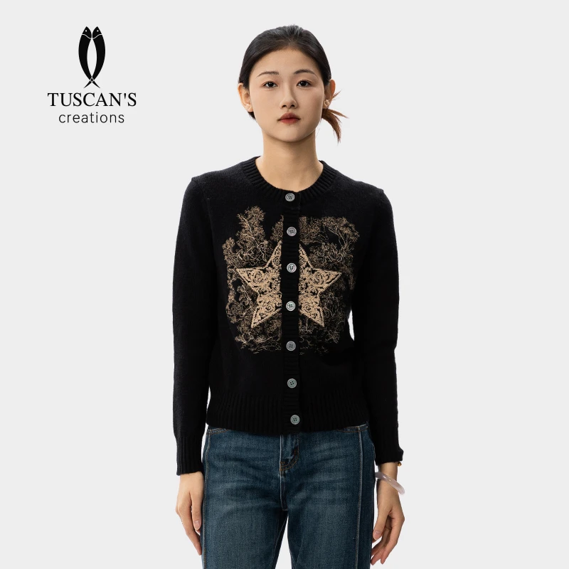 TUSCAN'S CREATIONS新款气质百搭高级感刺绣五角星女士开衫毛衣