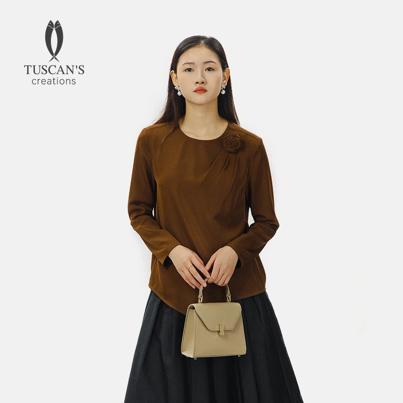 TUSCAN'S CREATIONS时尚休闲显瘦宽松衬衫纯色百搭圆领长袖衬衫