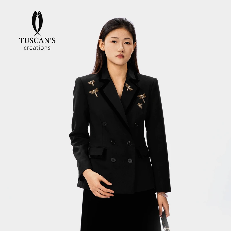 "梦蜻蜓"气质时尚百搭设计师蜻蜓西服经典黑修身休闲通勤女士西装