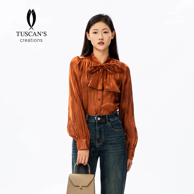TUSCAN'S CREATIONS新款珠光时尚气质设计感衬衫小众蝴蝶结衬衣