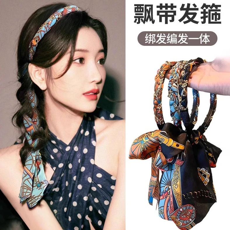 绑发发箍女新款发饰辫子飘带头箍丝巾发带编发一体发卡头饰
