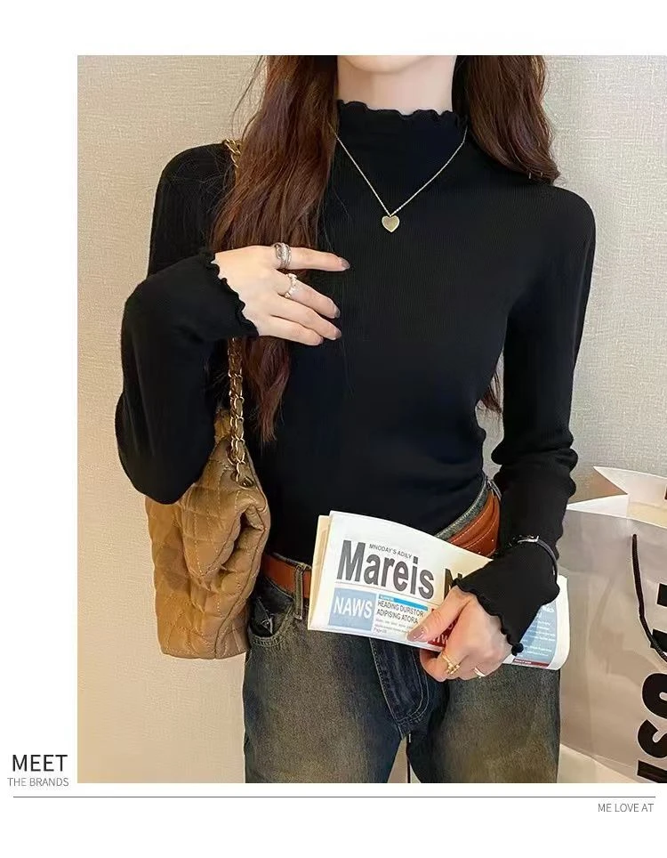 洋气内搭修身打底衫女2023年秋冬新款木耳边半高领毛衣针织衫上衣
