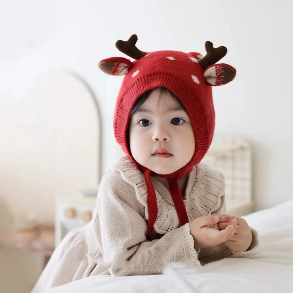 儿童针织帽秋冬季可爱超萌小鹿护耳毛线帽时尚婴儿帽子保暖针织帽
