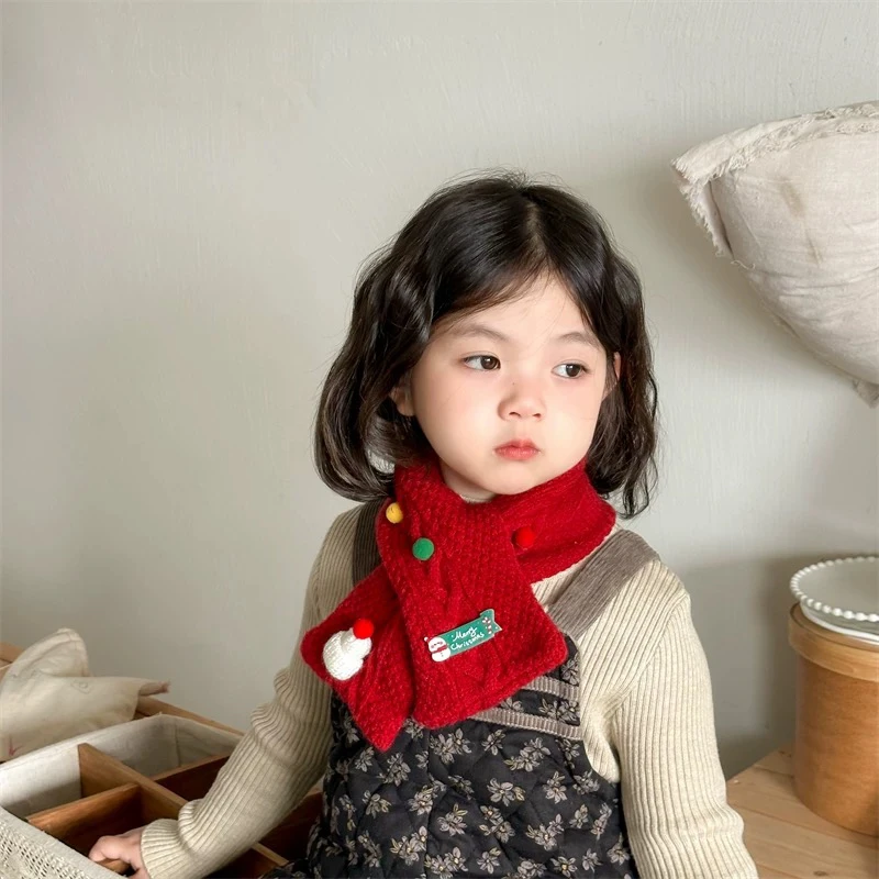 新年圣诞儿童交叉围巾秋冬季男女童洋气红色围脖宝宝保暖针织脖套