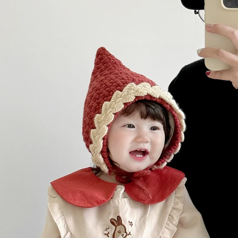 婴儿帽子冬天红色毛线帽韩版尖顶针织护耳帽男女宝宝加厚保暖帽潮