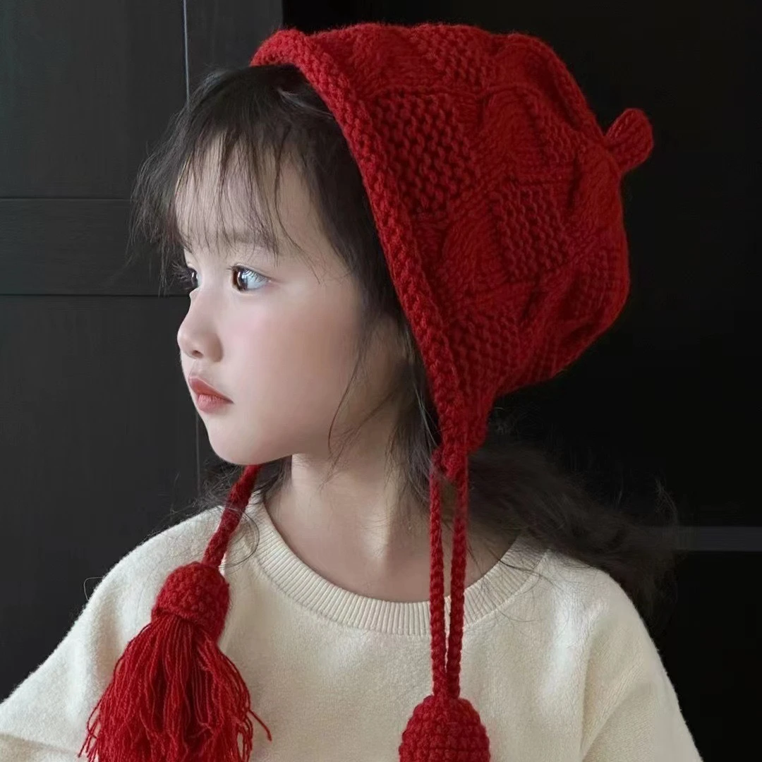秋冬儿童针织毛线帽男女童宝宝帽子ins手工麦穗系带护耳保暖帽潮