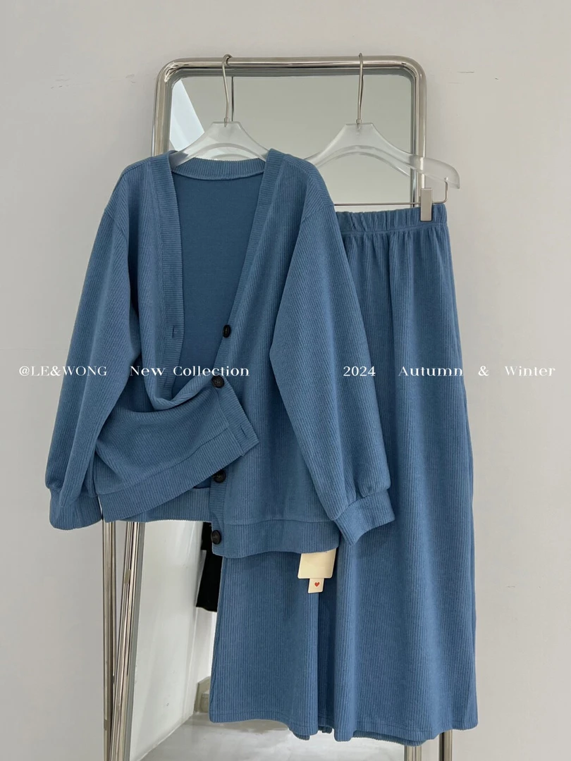 W家韩版休闲慵懒风直筒裙松紧腰显瘦宽松套装女开衫