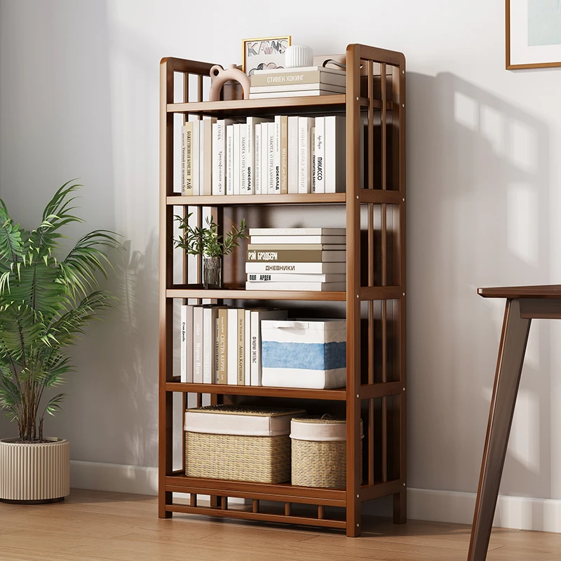 落地书架客厅储物简易家用置物架房间简约艺术防尘大容量茶色书柜