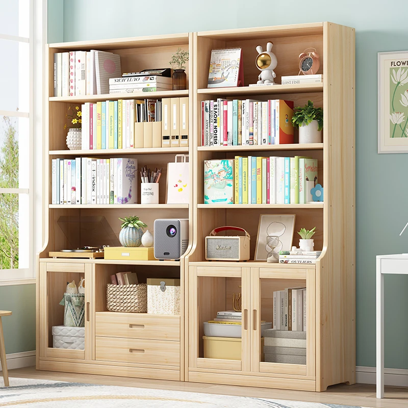 松木书架落地家用带门书柜简约大容量置物房间客厅书房储物绘本架