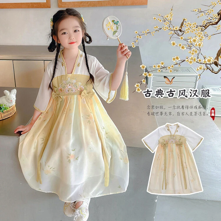 汉服裙女童夏季新款绿色花朵连衣裙儿童古风碎花连衣裙包包汉服裙