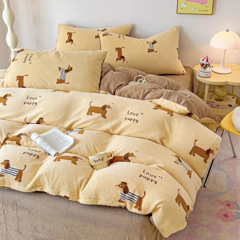 ins冬季加厚牛奶绒小清新少女心可爱猫狗床上四件套珊瑚绒1.5m1.8