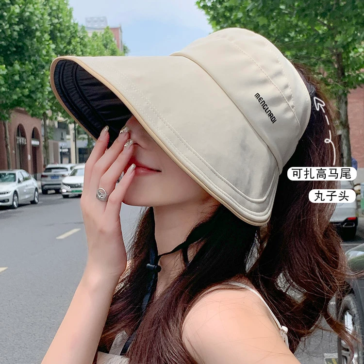春夏新款太阳帽防紫外线遮阳帽渔夫帽大帽檐显脸小可扎马尾帽子女