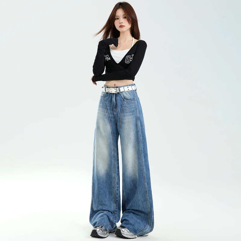 秋冬新爆款设计感复古水洗高腰牛仔裤女宽松显瘦休闲拖地阔腿裤