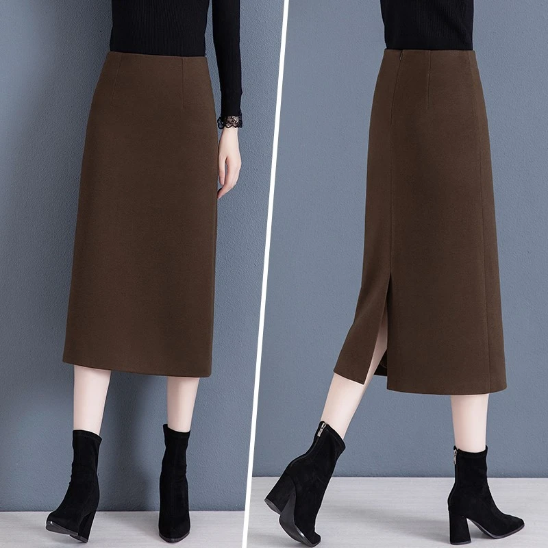 毛呢中长款爆款高腰显瘦半身裙气质时尚百搭高档开叉秋冬季a字裙