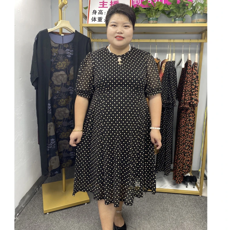 200斤胖妈妈连衣裙圆领加肥加大码裙子2023夏季大码女装连衣裙潮