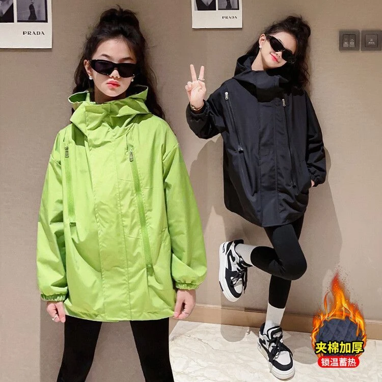 女童拉链夹棉冲锋衣秋冬2025新款儿童时尚宽松外套中大童洋气上衣