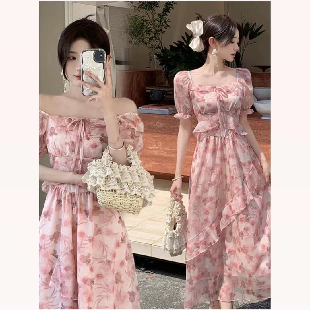 W00676法式超好看彩色艺术生连衣裙雪纺碎花裙慵懒度假风气质长裙