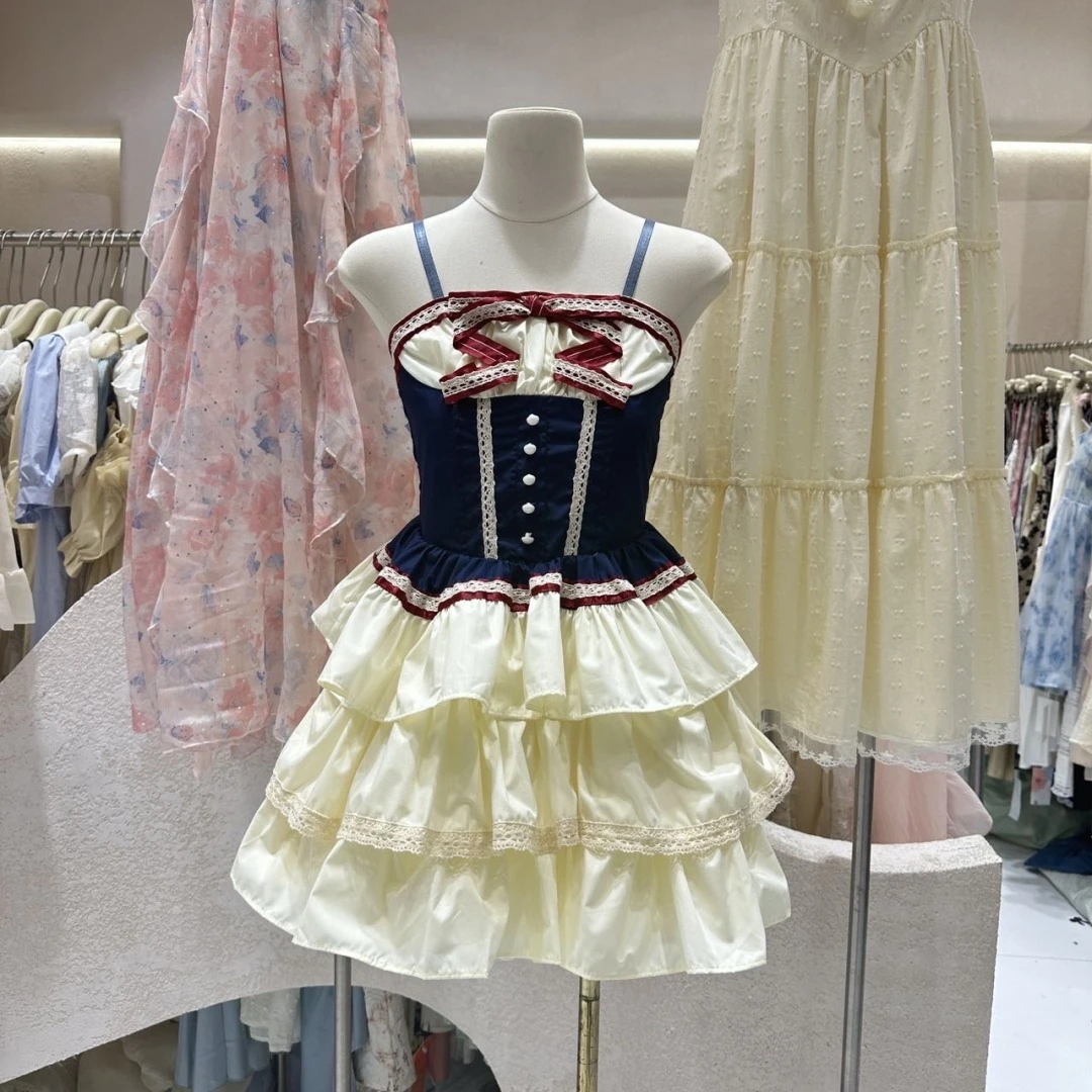 QF00452法式甜美泡泡袖木耳边洛丽塔蓬蓬裙女芭蕾风收腰吊带公主