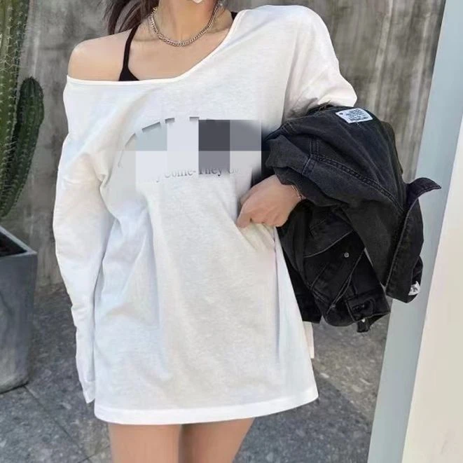 W00489 性感露背字母印花中长款T恤女2023春夏新款韩版宽松显瘦长