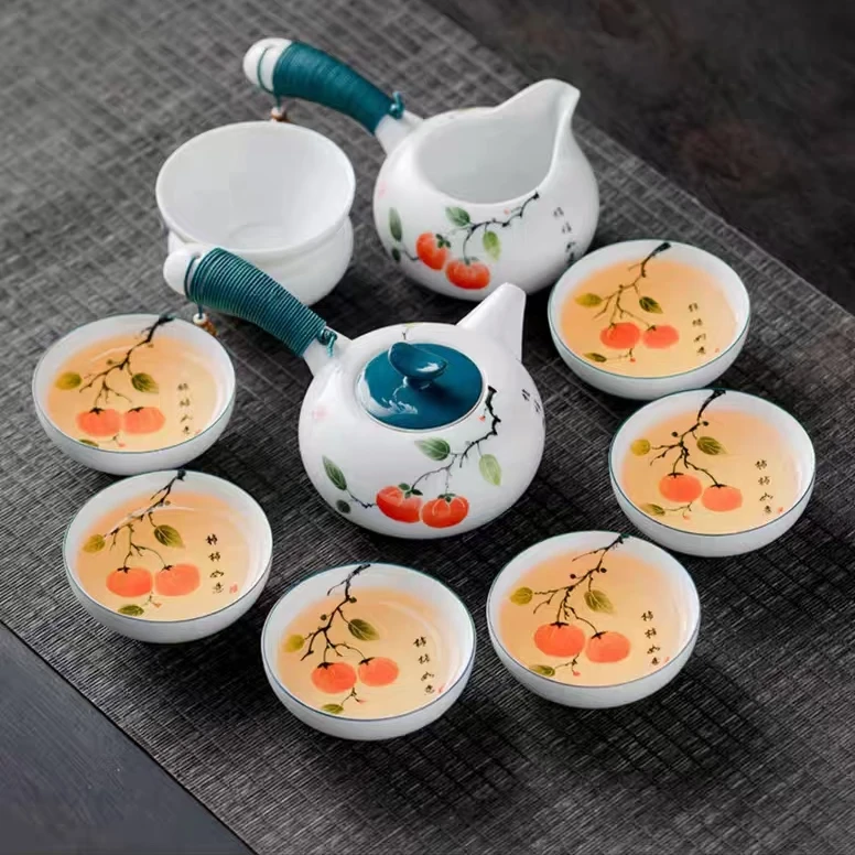 景德镇白瓷手绘釉下彩柿柿如意侧把壶十件套茶具家用办公伴手礼