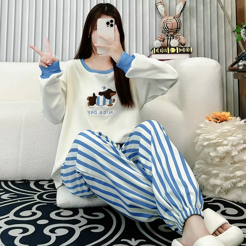 【德绒保暖】睡衣韩版宽松秋冬季长袖高级感休闲家居服女 142（DK）