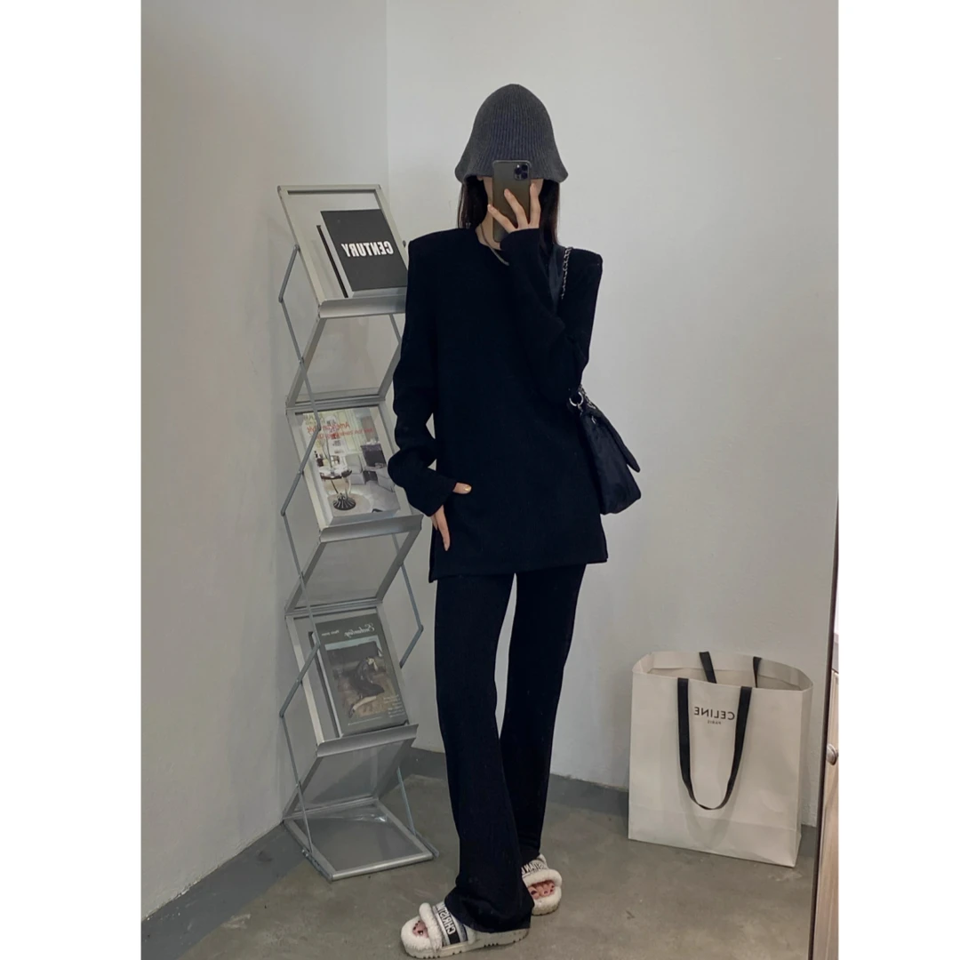 秋冬3512025时尚休闲洋气显瘦时尚圆领百搭开叉百搭直筒裤套装