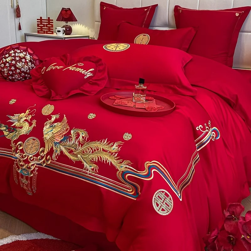 结婚床上用品四件套婚庆全棉床单被新款陪嫁婚房十件套大红色床品