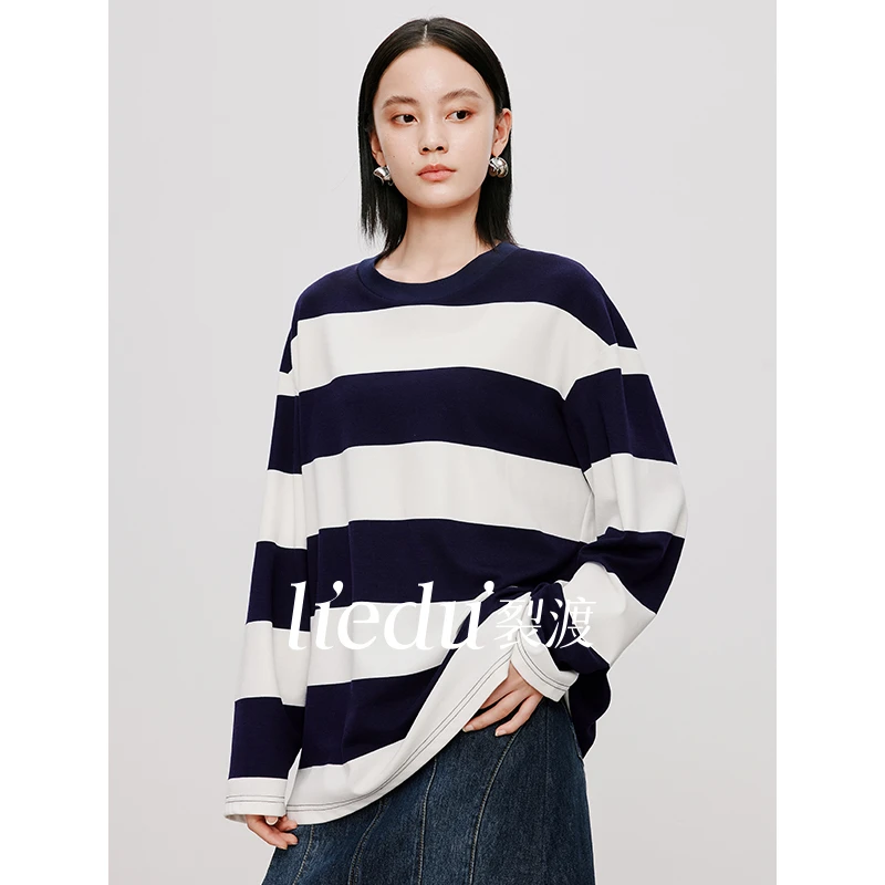 QC杨杨-微胖大码女装【黑标】韩系慵懒风条纹宽松遮肉长袖ZY408C34