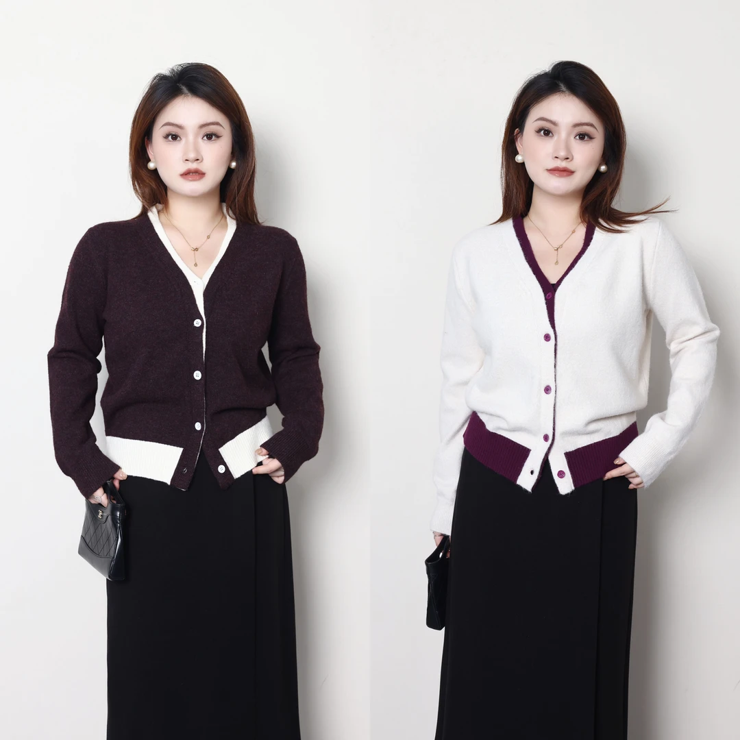 QC杨杨【香软紫糯】微胖大码女冬显瘦假两件v领针织开衫ZY408L13