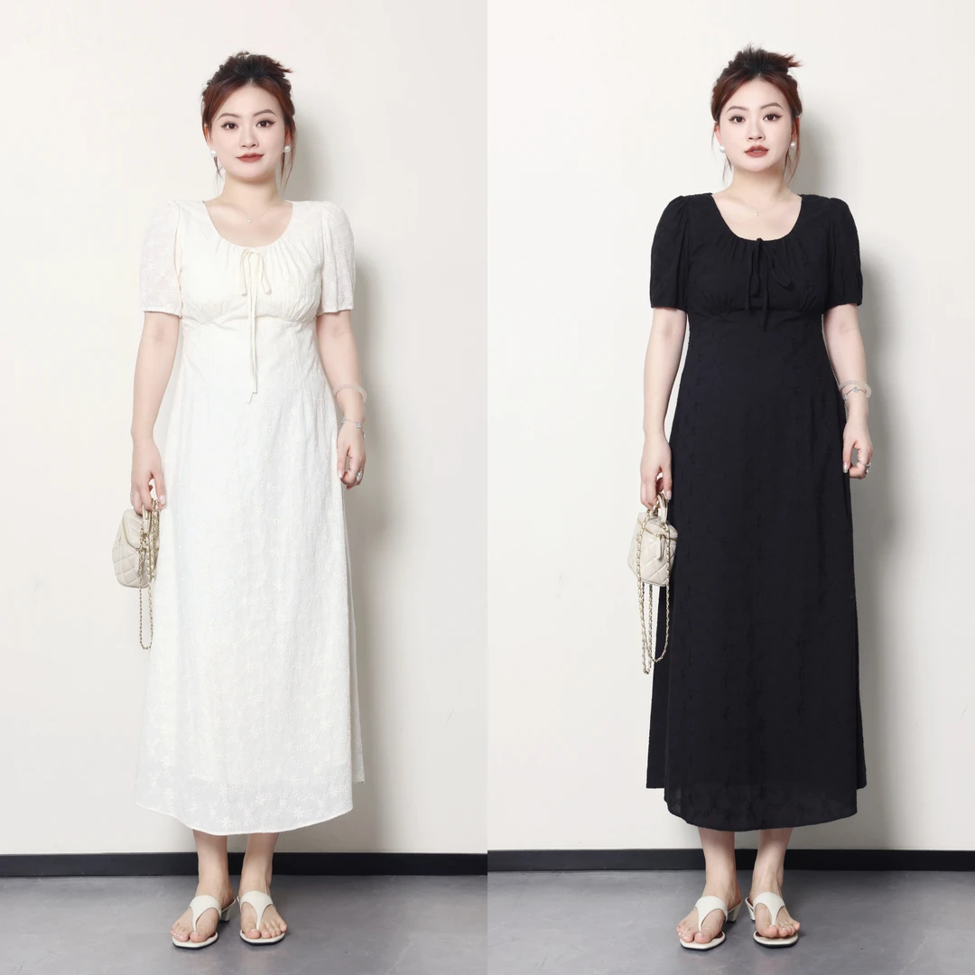 QC杨杨【月光舒曼】微胖大码女装夏日优雅显瘦绣花连衣裙ZY406L01