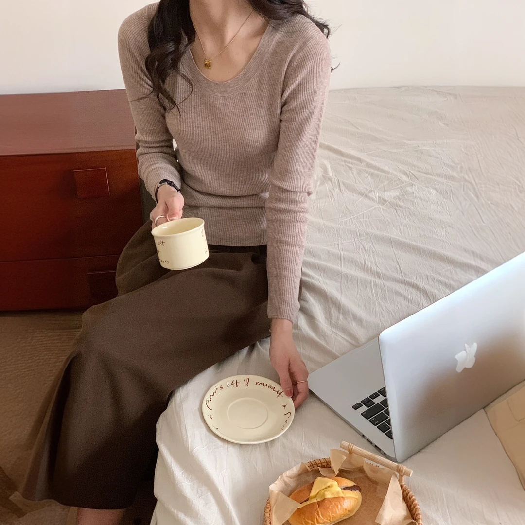 100%美丽诺羊毛衫女圆领长袖百搭纯色秋冬弹力薄款简约打底衫