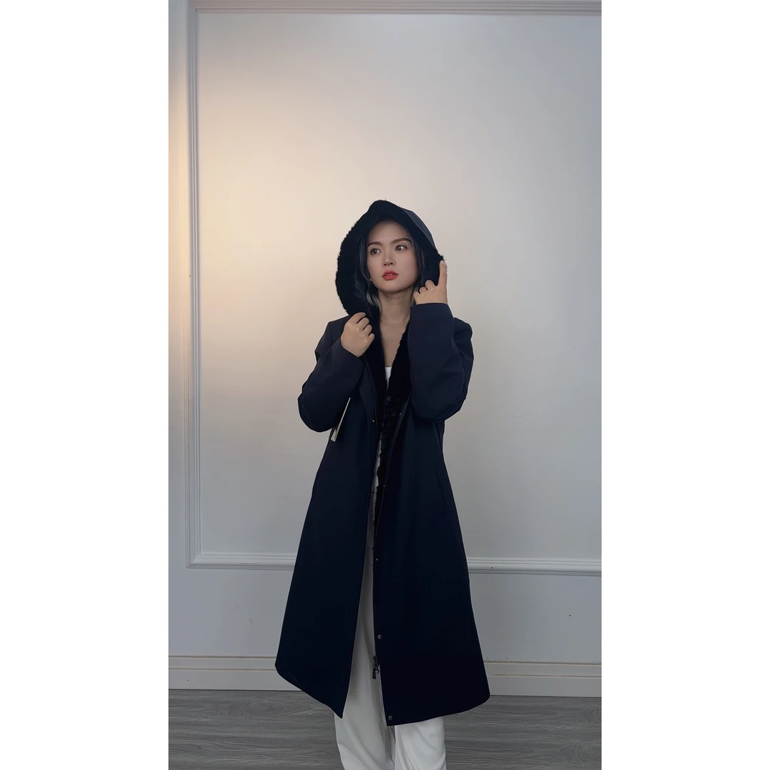 2024年冬季新款派克服女连帽水貂内胆可拆卸中长款皮草外套大衣