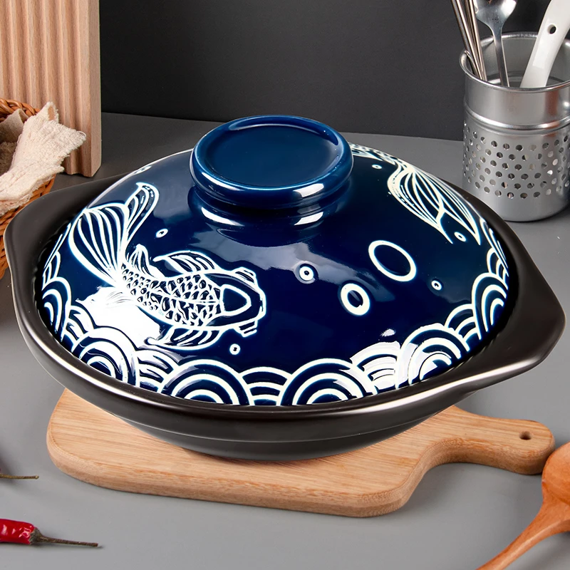 【自营】国潮风耐热陶瓷砂锅浅锅干烧锅煲仔饭炖菜明火沙锅年年有鱼