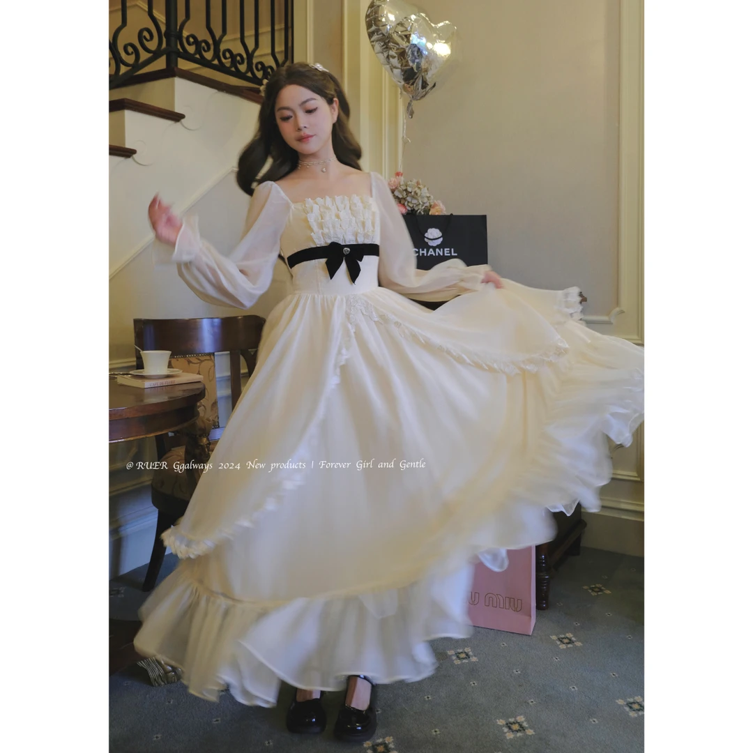 【RUER巴黎诗集】显瘦法式大小姐千金感大裙摆长裙连衣裙