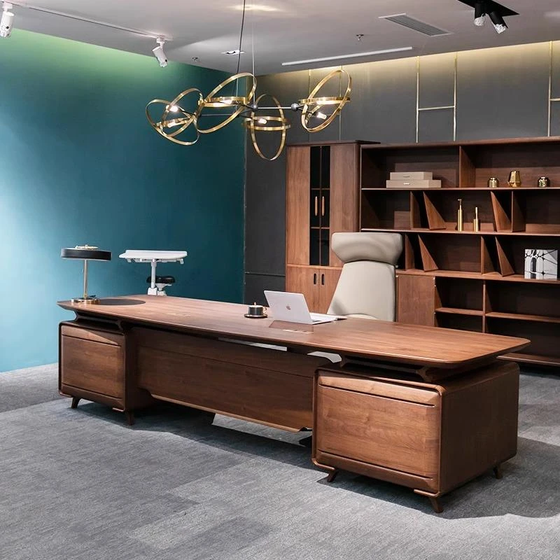 新中式实木老板桌办公桌简约现代北美黑胡桃木总裁桌高级感大班台