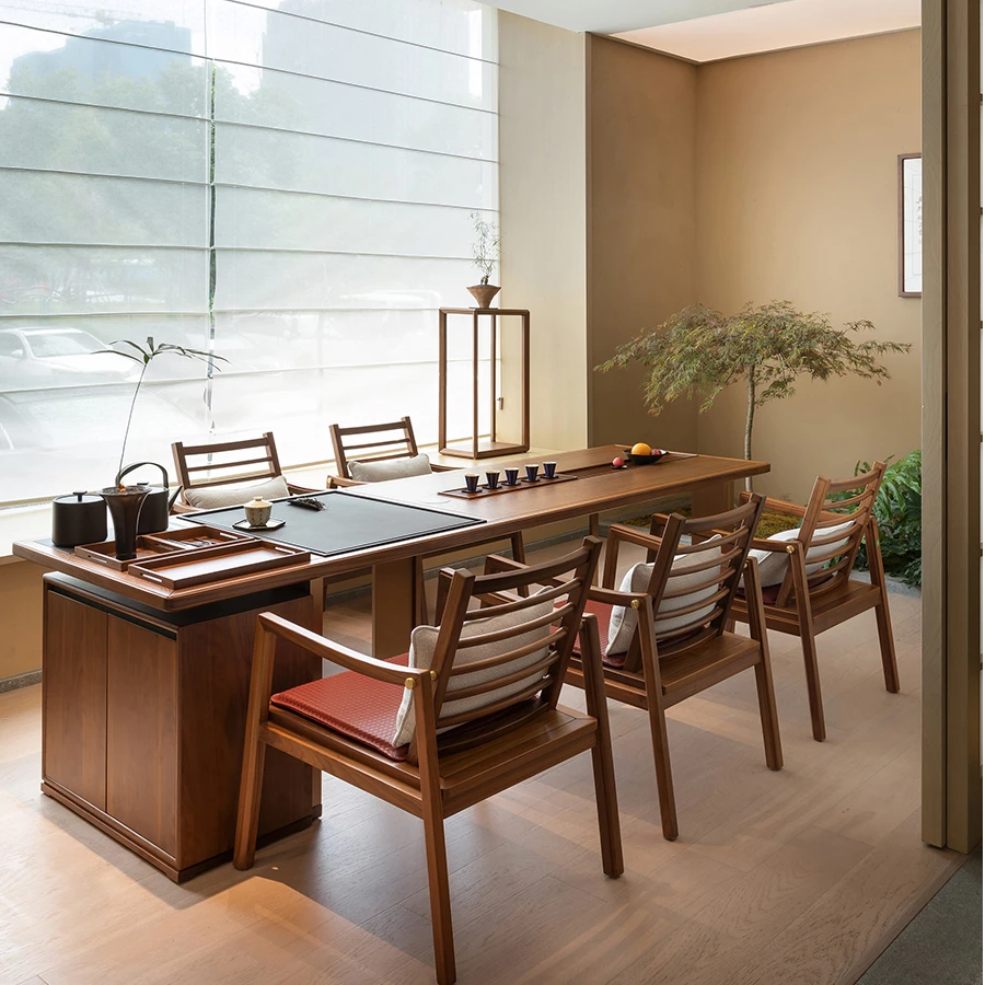 新中式高端茶桌椅组合实木办公室茶台北美黑胡桃木泡茶桌家具定制