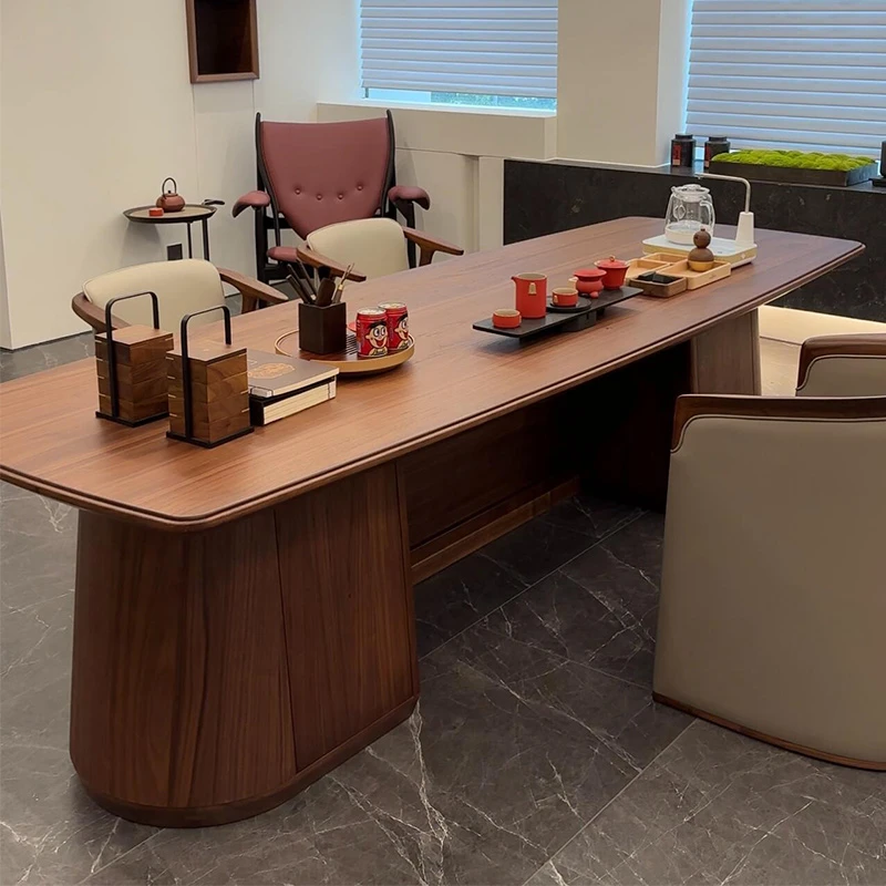 新中式北美黑胡桃茶桌高端办公室泡茶桌现代简约家用实木茶台定制