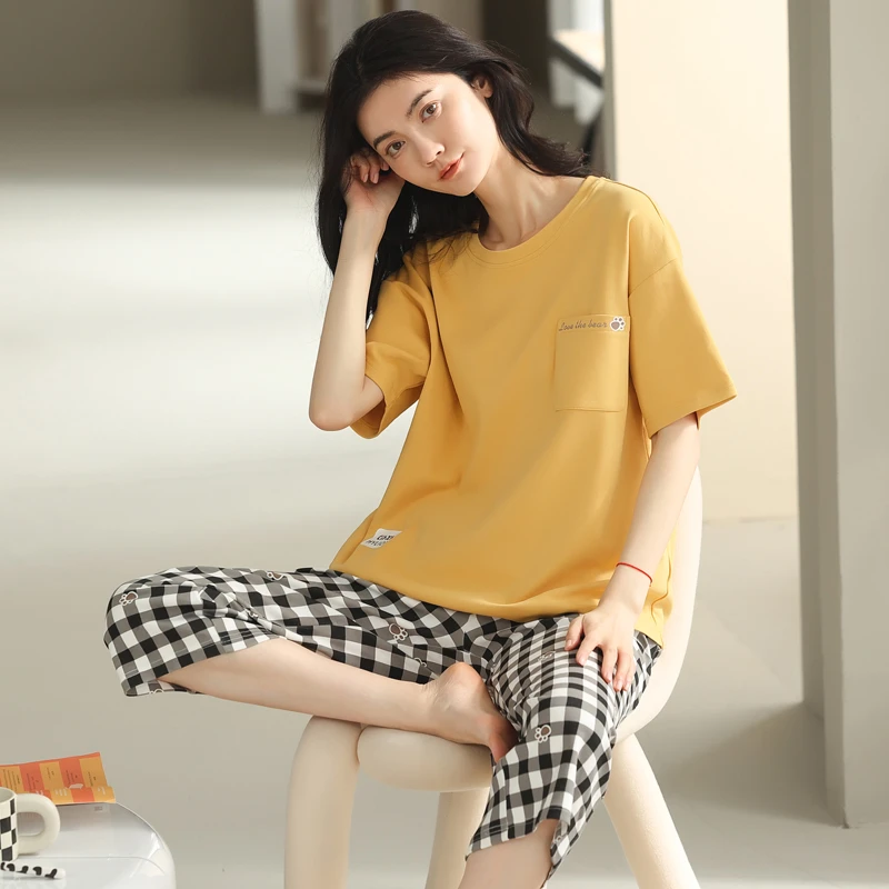 2024新款纯棉夏季女士纯棉短袖七分裤睡衣宽松家居服套装YZT79957