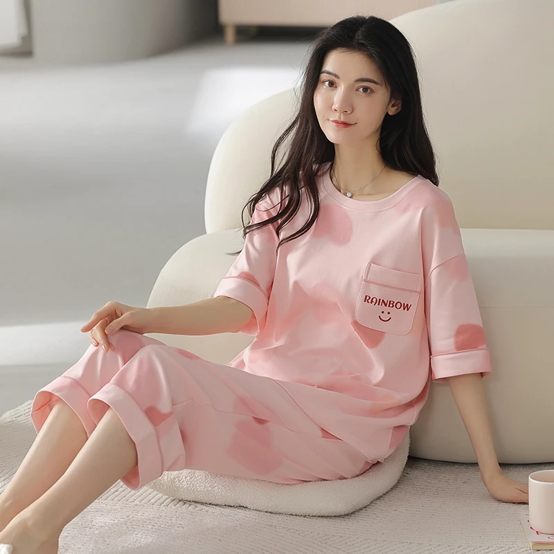 2024新款纯棉夏季女士纯棉短袖七分裤睡衣宽松家居服套装YZT79953
