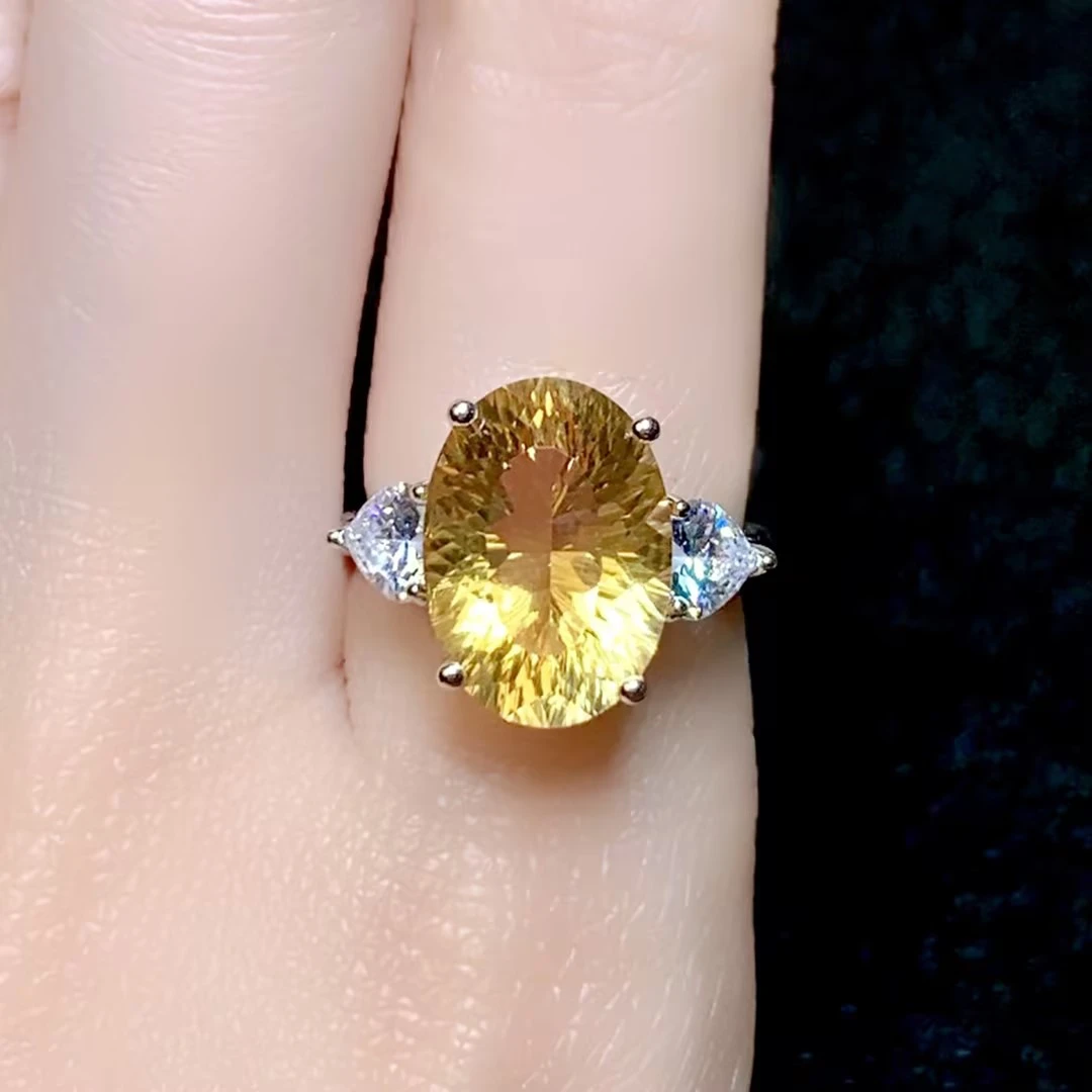 菲菲珠宝好*S925黄水晶戒指四爪蛋面约10*14mm可调节