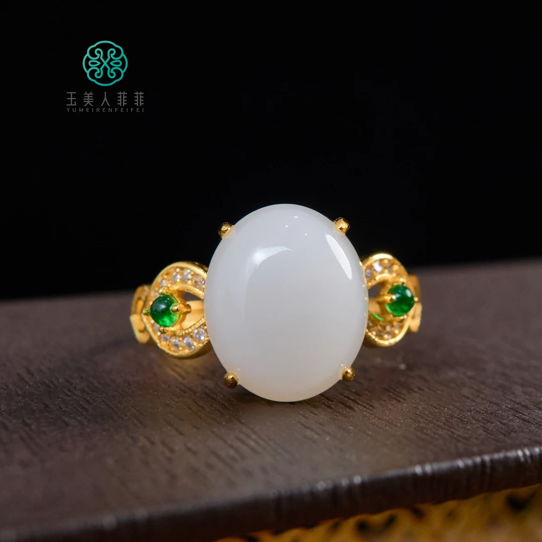 景景严选~S925和田玉蛋面可调节戒指约10*12mm