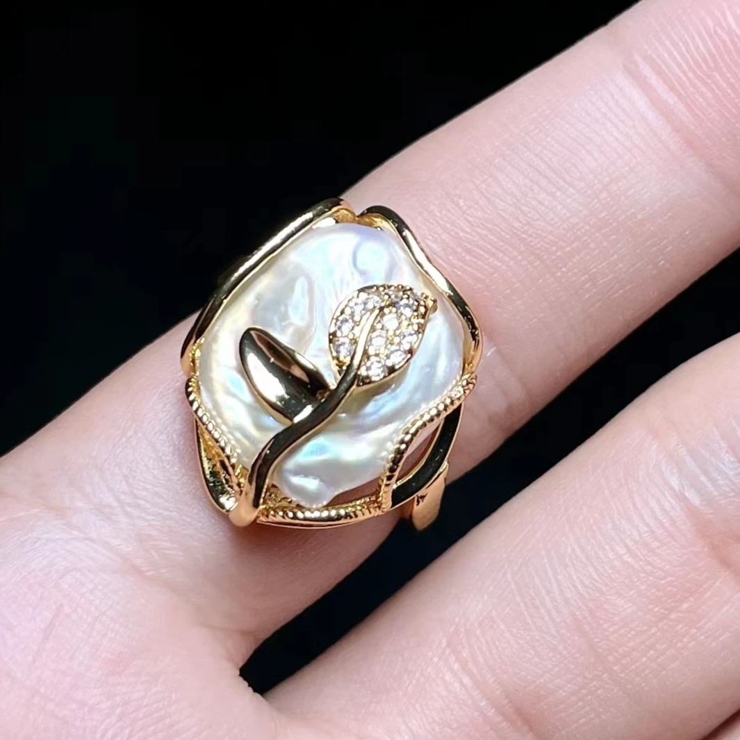 菲菲珠宝好*珍珠叶子全包开口戒约17*21mm