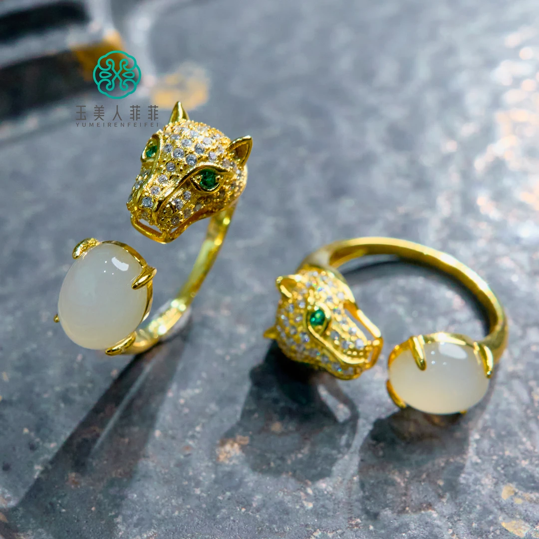 菲菲珠宝好~S925和田玉豹子头开口戒指约7*9mm-多样性发一