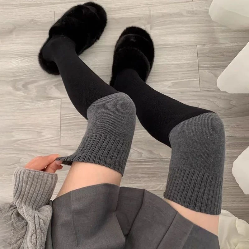 冬季新款毛圈拼色过膝袜长筒袜微压保暖加厚长袜女士厚棉袜中筒袜
